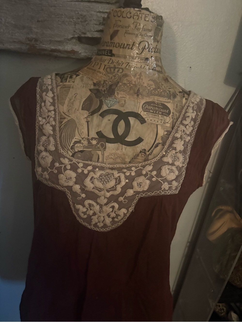 Boho Embroidered Scoop Neck Top in Deep Brown gauze thin with lace Anthropologie